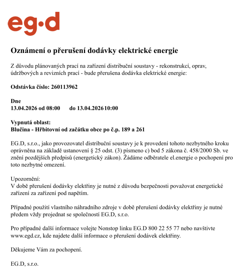 přerušení dodávky energie